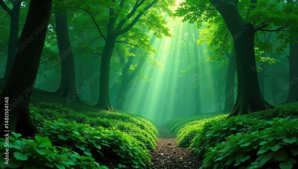 Naklejka premium Deep emerald green forest scene, dense canopy , green, branches, woods