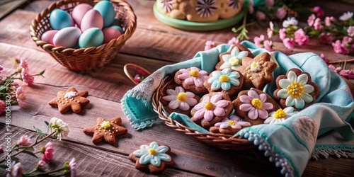 A basket filled with delicate floral-shaped cookies decorated with pastel icing, nestled amidst a rustic wooden table setting and surrounded by a bouquet of vibrant pink blossoms.