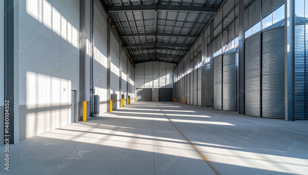 Obraz premium Empty Warehouse Interior with Sunlight Shadows and Industrial Design