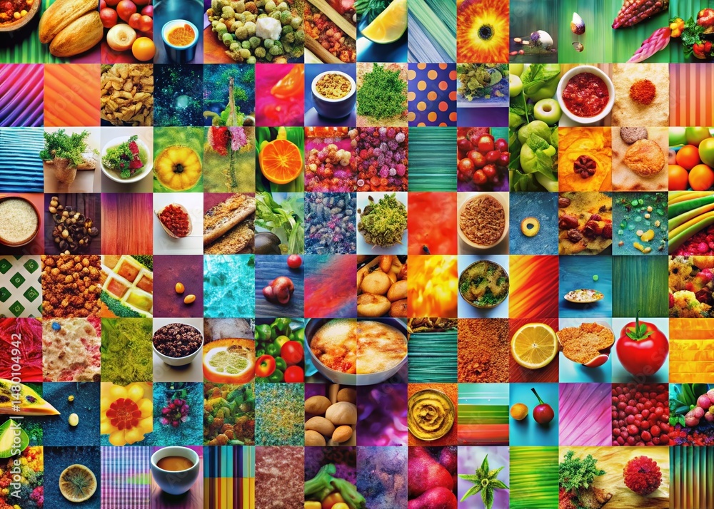 Obraz premium Glitched Patchwork Food Texture: Repeating Pattern Background