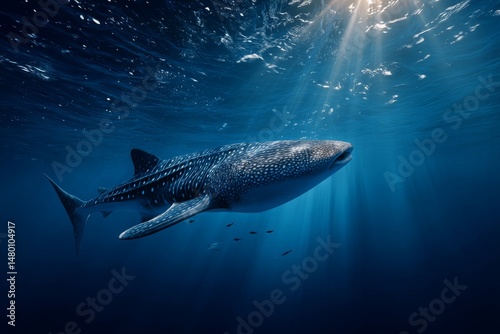 Majestic Whale Shark Swimming Gracefully in Deep Blue Ocean