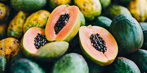 Ripe papayas and avocados piled high, showcasing vibrant orange flesh and dark seeds contrasting with the green skins