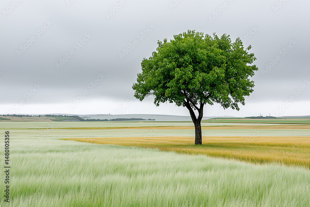Lone Tree in a Green Field Under Cloudy Sky