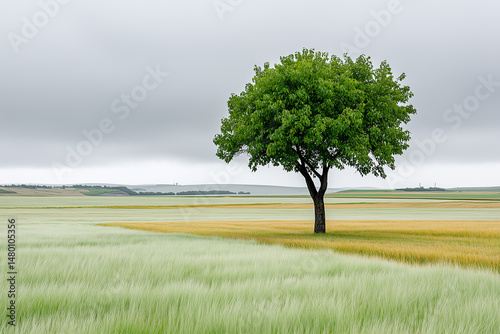 Obraz na płótnie Lone Tree in a Green Field Under Cloudy Sky w salonie