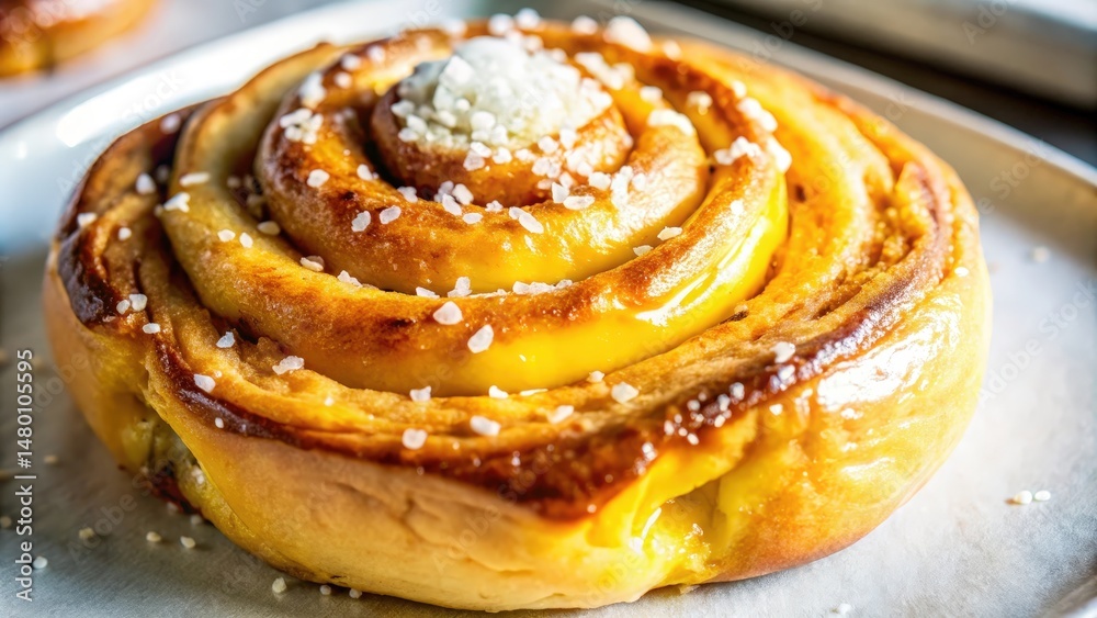 Fototapeta premium A golden, flaky pastry with a sweet, custard filling, topped with a generous sprinkle of sugar crystals.