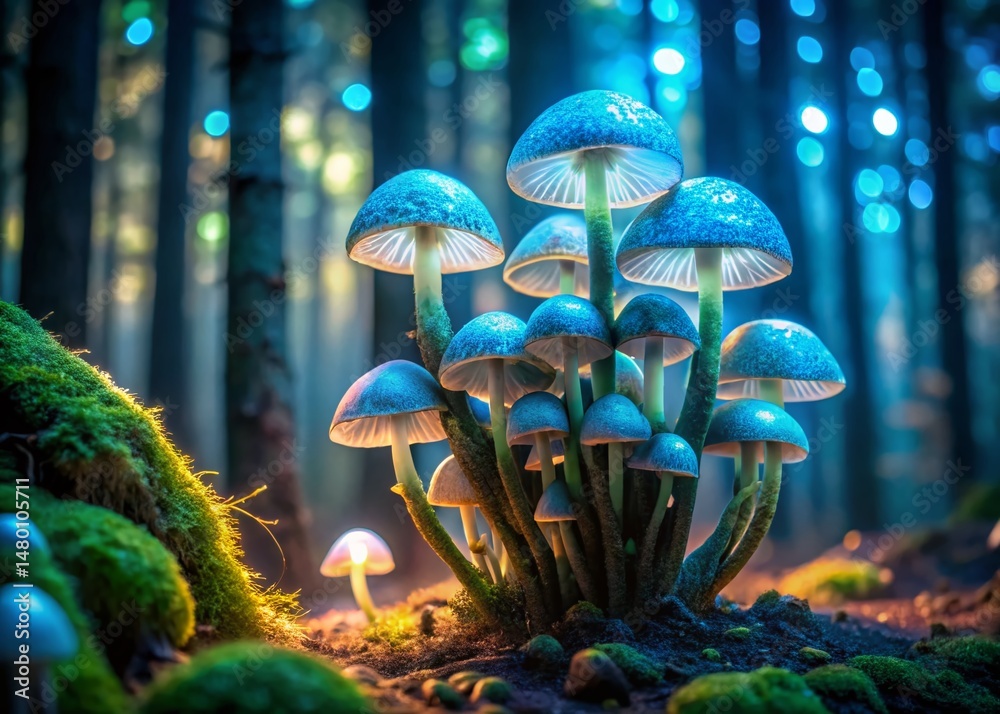 Fototapeta premium Glowing Mushrooms in Enchanted Forest at Twilight - Magical Fantasy Nature Scene