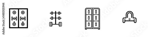 Vector illustration of gym equipment icons depicting a weight rack, dumbbells, gym lockers, and a barbell for fitness enthusiasts