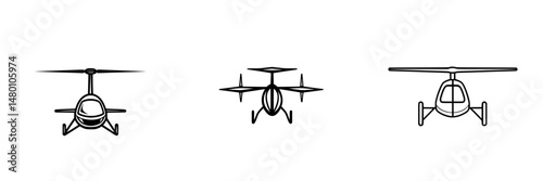 Vector illustration of three different helicopter designs showcasing various styles and features in a minimalist format