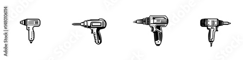 Vector illustration of various power drills in different designs for home improvement and construction tools