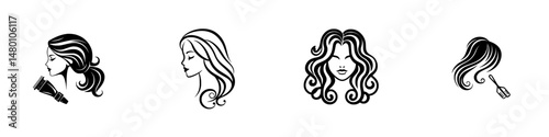Vector illustration icons showcasing diverse hairstyles and hair care activities for beauty and fashion enthusiasts