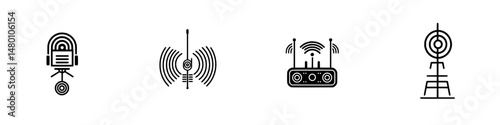 Vector illustration icons depicting various radio communication devices and signals for modern technology use in digital design