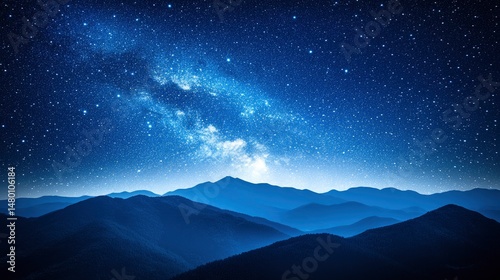 Serene night landscape showcasing a starry sky over distant mountains with a tranquil atmosphere
