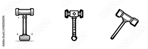 Vector illustration icons depicting various designs of gavel symbols for legal and judicial themes, suitable for law-related graphics