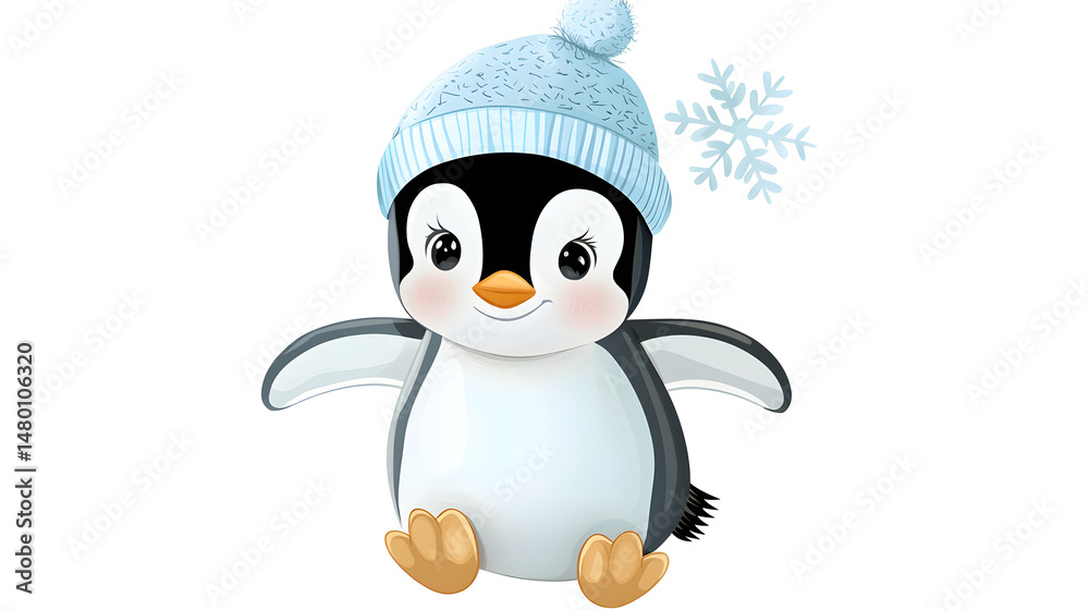 Fototapeta premium A cartoon penguin wearing a blue hat and a white snowflake on its head