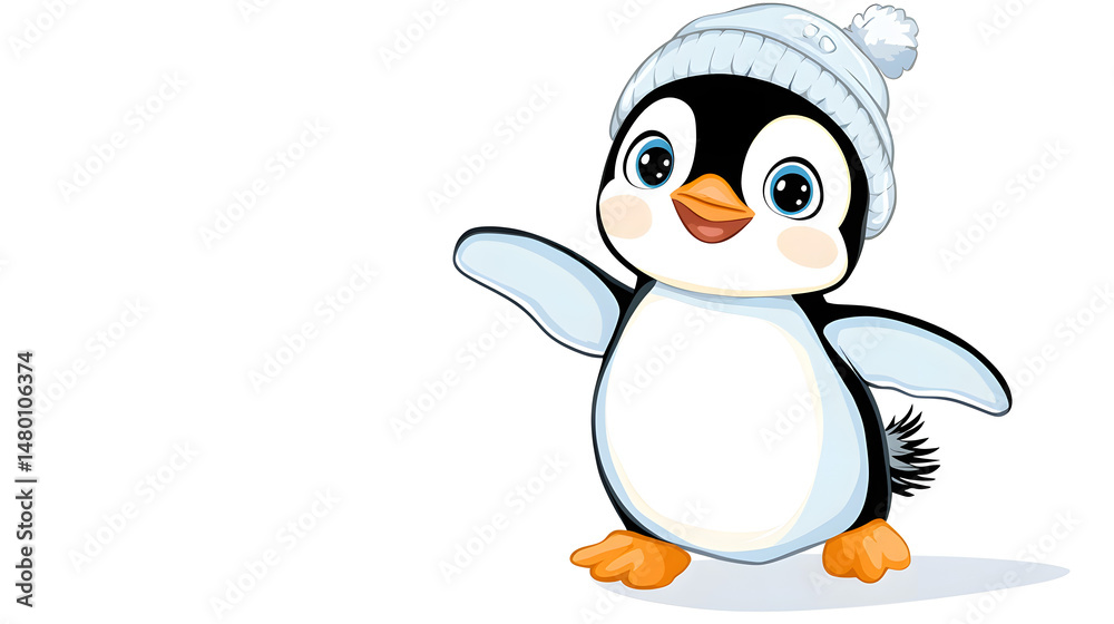 Fototapeta premium A cartoon penguin wearing a hat and standing on a white background