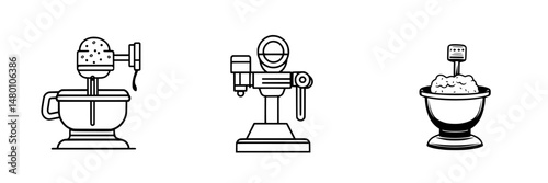 Vector illustration icons of kitchen mixers and bowls in a minimalist design for culinary activities and food preparation