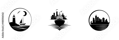 Elegant vector illustrations of maritime themes featuring a lighthouse, sailboat, cruise ship, and city skyline at dusk