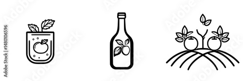 Vector illustration of apple juice icon, bottle, and tree with apples showcasing freshness and nature in simple design