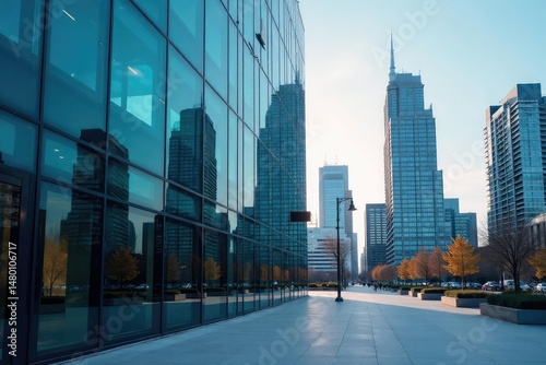 Modern glass office building exterior, reflecting city skyline , reflection, day, city view