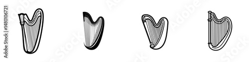 Vector illustration of harp designs showcasing unique styles and shapes for musical representation and artistic expression