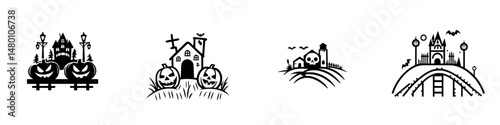 Vector illustration icons representing Halloween themes including pumpkins, haunted house, cemetery, and spooky landscape