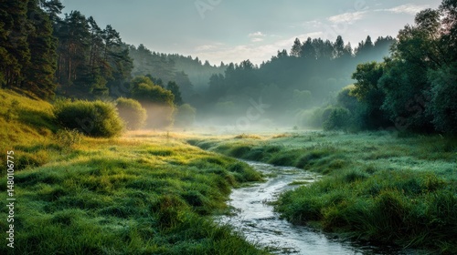 Enchanted Foggy Forest Scene - Golden Hour River & Meadow for Travel, Seasonal Promotions