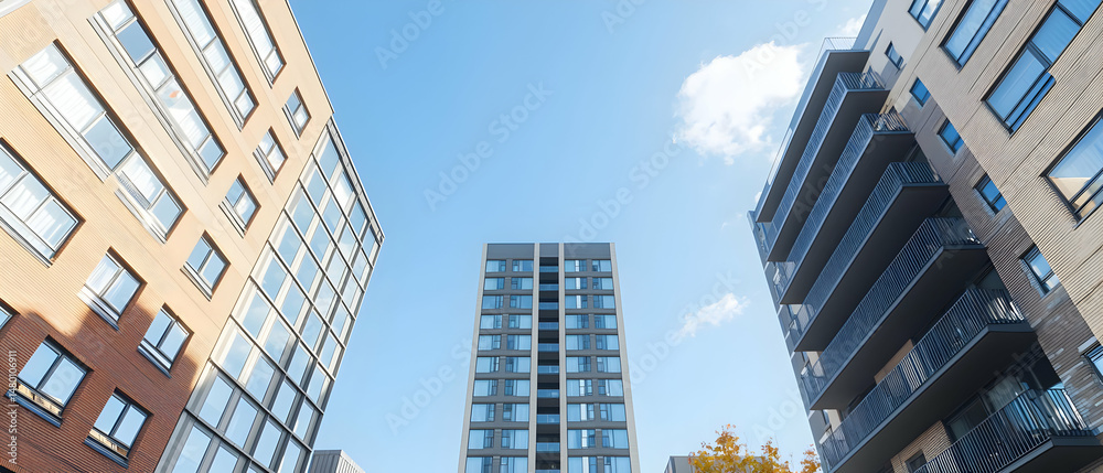 Obraz premium Modern Multistory Buildings Against Clear Blue Sky