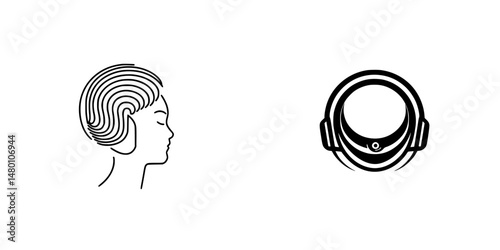 Stylized vector illustration of a woman's head with hair design and an astronaut helmet in a creative concept