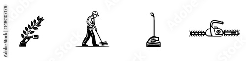 Vector illustration of gardening and cleaning tools with a worker maintaining a yard and using equipment efficiently