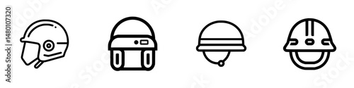 Vector illustration of various helmet designs for sports and construction use, showcasing safety gear for protection in different activities