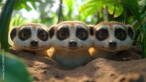 Three Cute Meerkats Observing Their Surroundings with Big Eyes in a Lush Green Jungle Setting