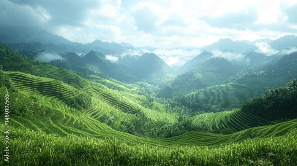 Fototapeta premium Lush Green Terraced Rice Fields Nestled Among Mountains Under Cloudy Sky in Scenic Nature Landscape
