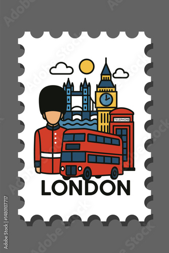 London Iconography Featuring Guardsman and Landmarks. London-themed vector illustration with iconic elements like a guardsman, double-decker bus, Big Ben, Tower Bridge, and red phone booth, symbol