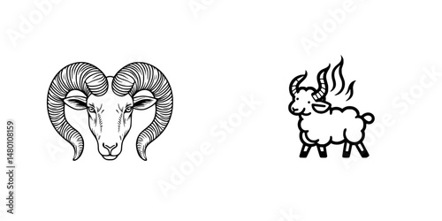 Unique vector illustrations featuring a ram's head and a playful cartoon sheep with steam rising in a simple design