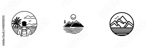 Vector illustration icons depicting nature landscapes with mountains, water, and a traveler enjoying the view on a clear day