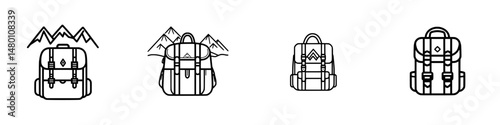 Backpack icons representing outdoor adventure, hiking, and travel for various activities and locations in a minimalistic style