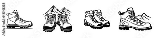 Unique vector illustration of various hiking boots suitable for outdoor adventures in mountainous terrain