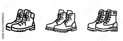 Stylish vector illustration icons of different types of boots for outdoor activities or work footwear