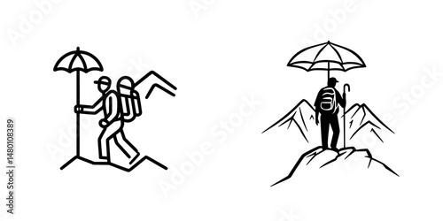 Outdoor adventure icon showing a hiker with an umbrella navigating a mountain trail at sunset