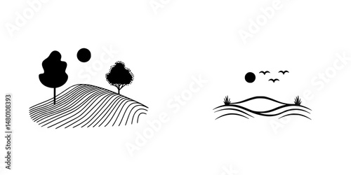 Vector illustration of a serene landscape with trees, rolling hills, and a sun against a minimalistic background