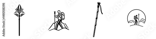Vector illustration icons depicting hiking symbols and gear for outdoor activities and adventure enthusiasts