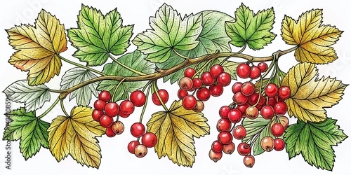 Hand-Drawn Currant Berries & Leaves: Botanical Line Art Coloring Page