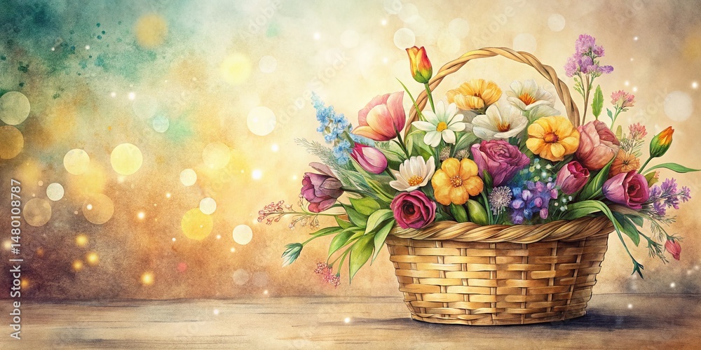 Obraz premium Hand-Drawn Flower Basket on Antique Paper: Bokeh Background Stock Photo