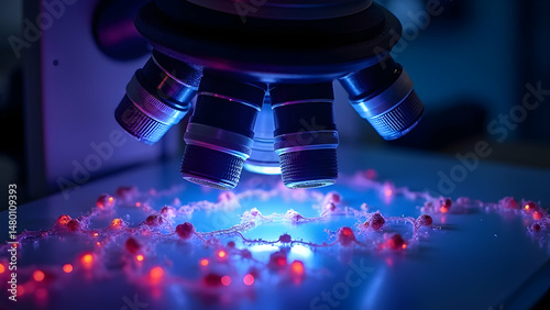 Advanced Fluorescence Microscope Lens Array Illuminated with Ultraviolet Light Examining Engineered Microorganisms Remediating Environmental Pollutants
