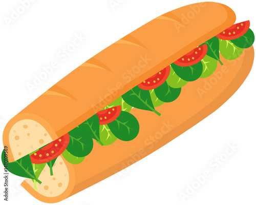Delicious salad baguette food or snack design element with lettuce and tomato