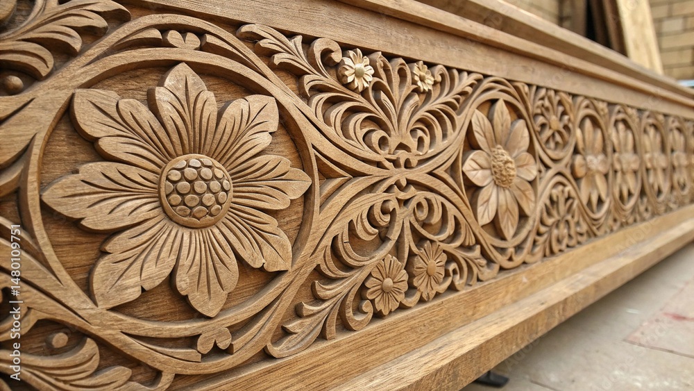 Naklejka premium Nature in Detail: Floral Patterns in Hand-Carved Wood 