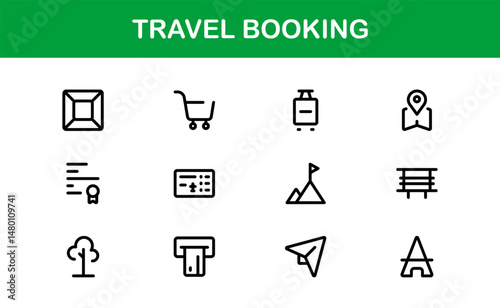 Premium Travel Reservation and Trip Planning Icon Set. Modern Vector Illustrations for Vacation, Hotel, Flight, and Transportation Design