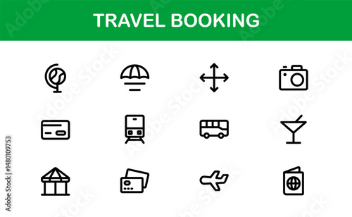 Premium Travel Reservation and Trip Planning Icon Set. Modern Vector Illustrations for Vacation, Hotel, Flight, and Transportation Design