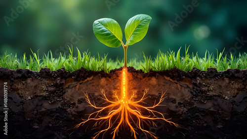 Cross-Section of Soil Showing Engineered Plant Roots with Visible DNA Structures Glowing When Interacting with Soil Microorganisms