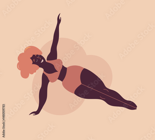 Plus size black curvy lady doing yoga class. Vector illustration isolated on white. Online home workout. Body positive. Attractive African overweight woman.